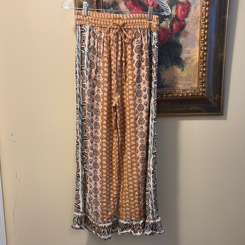 Angie Bohemian crinkly high waist wide leg ruffle hem cropped wide leg pants